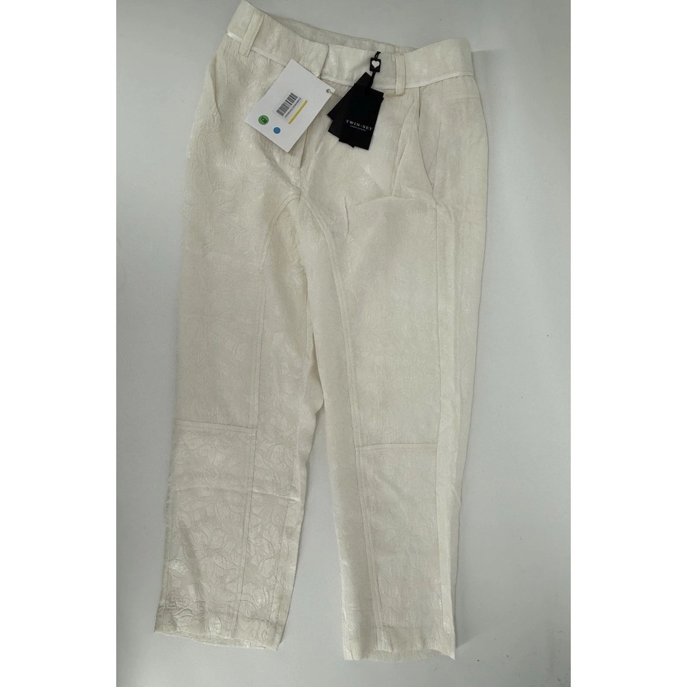 Twin-Set Women's Jacquard Floral Dress Pants Ivory Cream Italy Size S 32x36‎ NWT